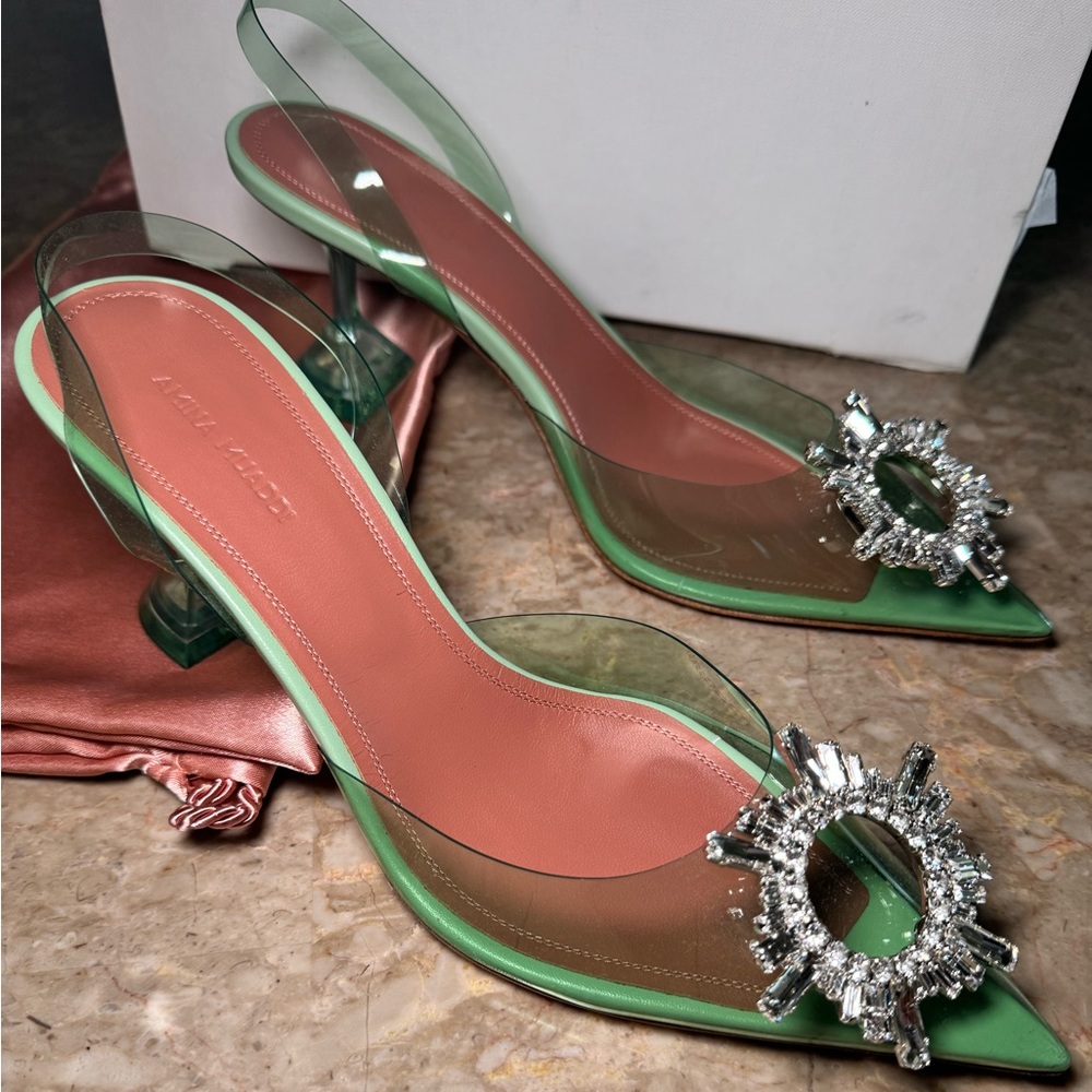 Amina Muaddi- NEW- size 39.5 light Green Begum Slingback (low heel)
